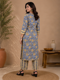 Grey & Yellow Cotton Floral Block Printed Kurta & Pant Set