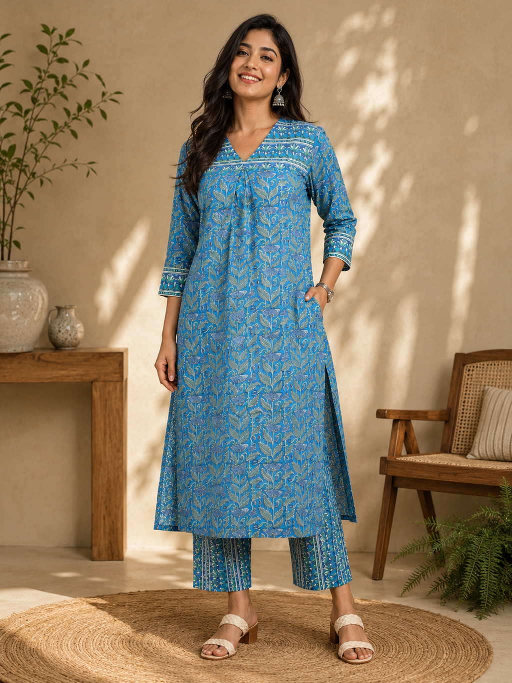 Blue & Green Cotton Block Printed Kurta & Pant Set