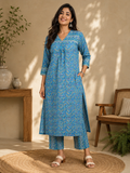 Blue & Green Cotton Block Printed Kurta & Pant Set