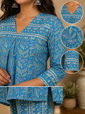 Blue & Green Cotton Block Printed Kurta & Pant Set