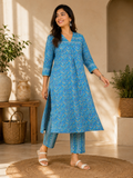 Blue & Green Cotton Block Printed Kurta & Pant Set