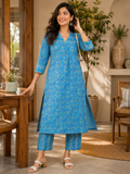 Blue & Green Cotton Block Printed Kurta & Pant Set