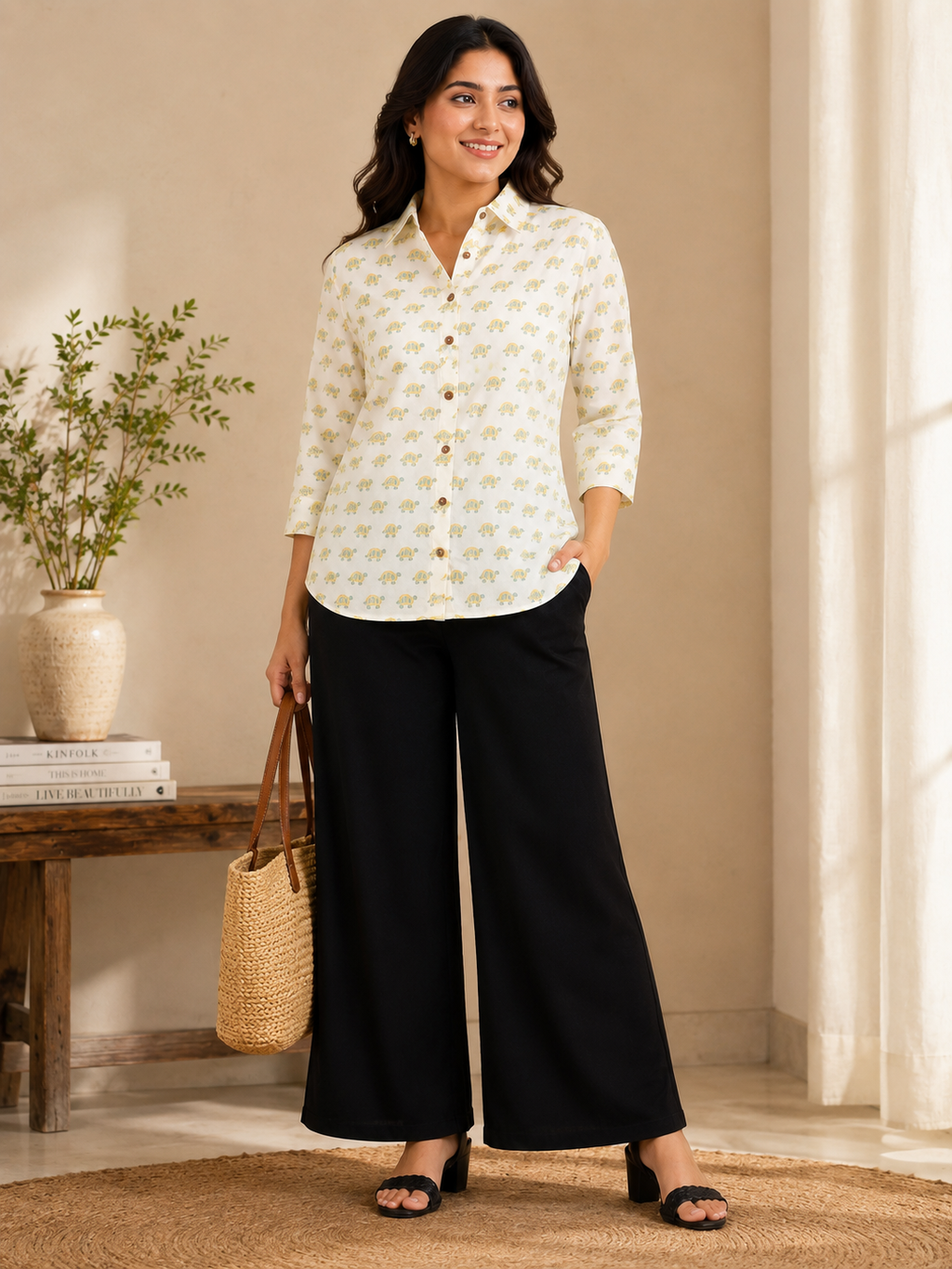 Block Printed Cotton Tortoise Shirt-Style Top