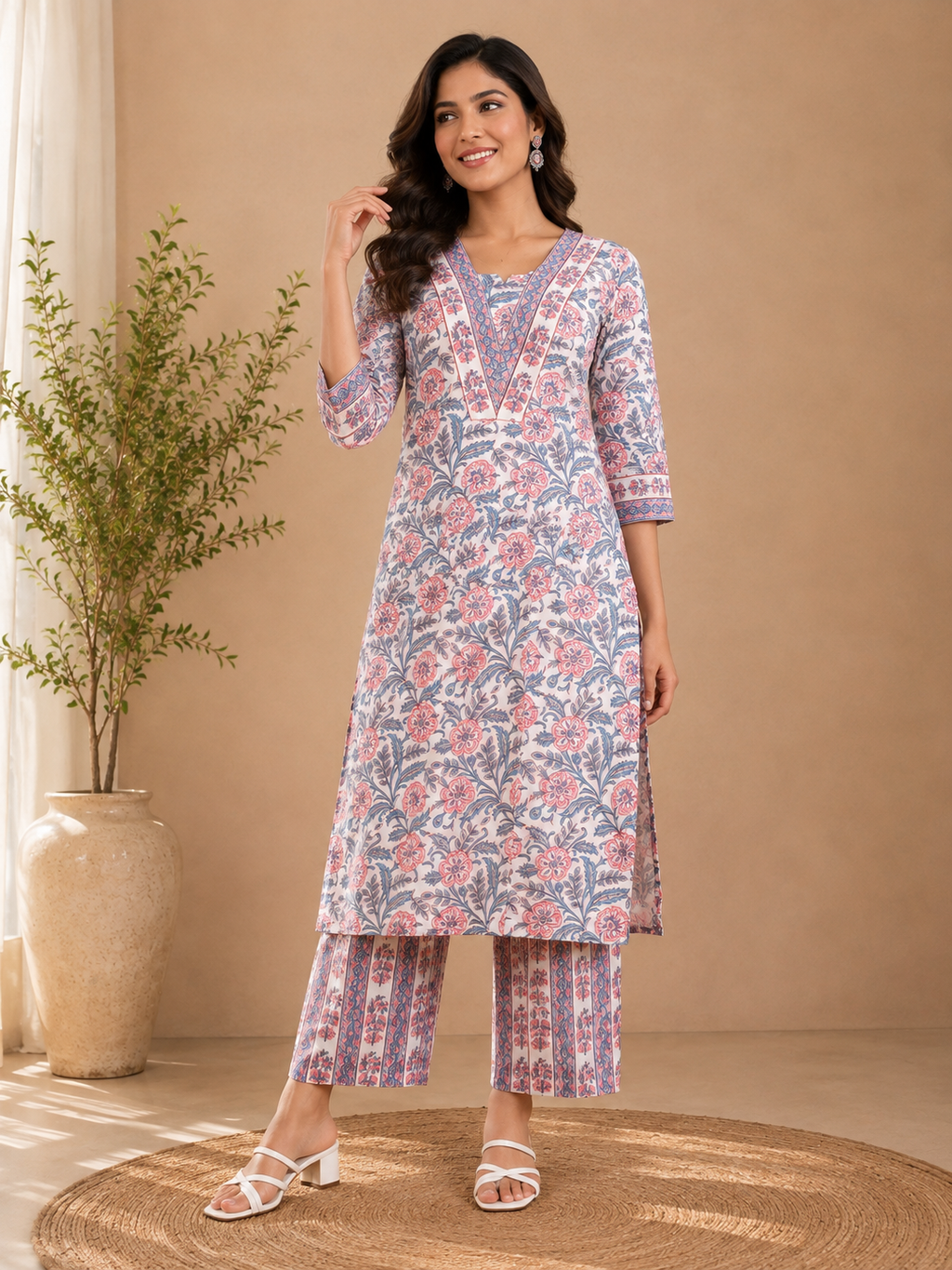 Blue & Pink Cotton Handblock Print Kurta & Pants Set