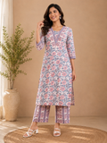 Blue & Pink Cotton Handblock Print Kurta & Pants Set