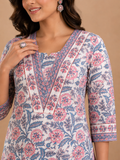 Blue & Pink Cotton Handblock Print Kurta & Pants Set