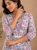 Blue & Pink Cotton Handblock Print Kurta & Pants Set