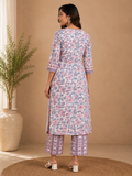 Blue & Pink Cotton Handblock Print Kurta & Pants Set