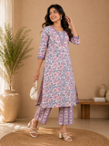 Blue & Pink Cotton Handblock Print Kurta & Pants Set