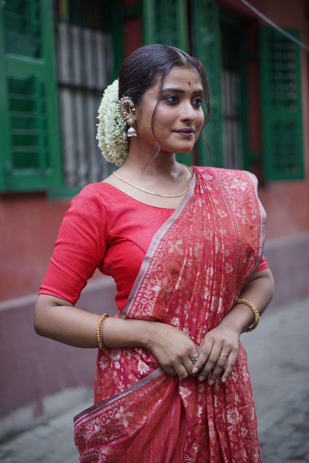 Red Cotton Banarasi Jamdani Saree | Jacquard Woven Floral Handloom Saree