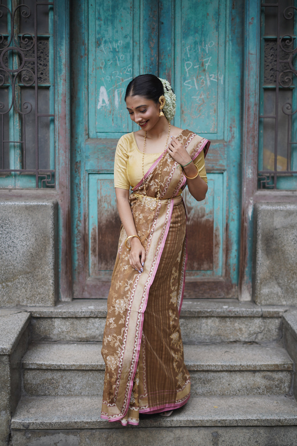 Camel Colour Banarasi Jamdani Cotton Saree | Jacquard Woven Handloom Saree