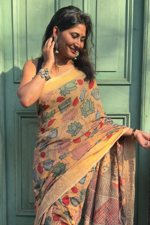 Hand-Painted Cotton Kalamkari Saree | Beige Kalamkari Saree with Figurine Pallu