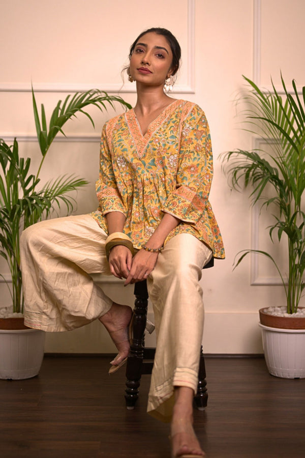 Yellow Floral Handblock Print Cotton Kurti for Women