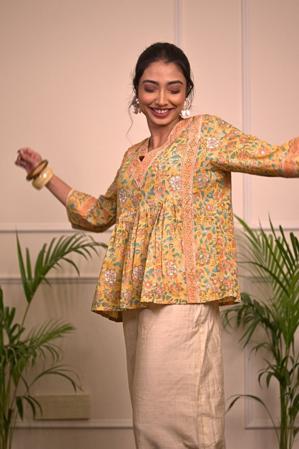 Yellow Floral Handblock Print Cotton Kurti for Women