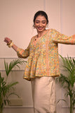 Yellow Floral Handblock Print Cotton Kurti for Women