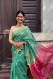 Subtle Green Cotton Silk Handwoven Saree with Pink Pallu
