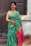 Subtle Green Cotton Silk Handwoven Saree with Pink Pallu