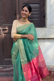 Subtle Green Cotton Silk Handwoven Saree with Pink Pallu