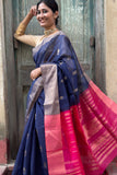 Blue Cotton Silk Handwoven Saree with Pink Pallu