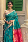 Green Cotton Silk Handwoven Saree with Red Pallu