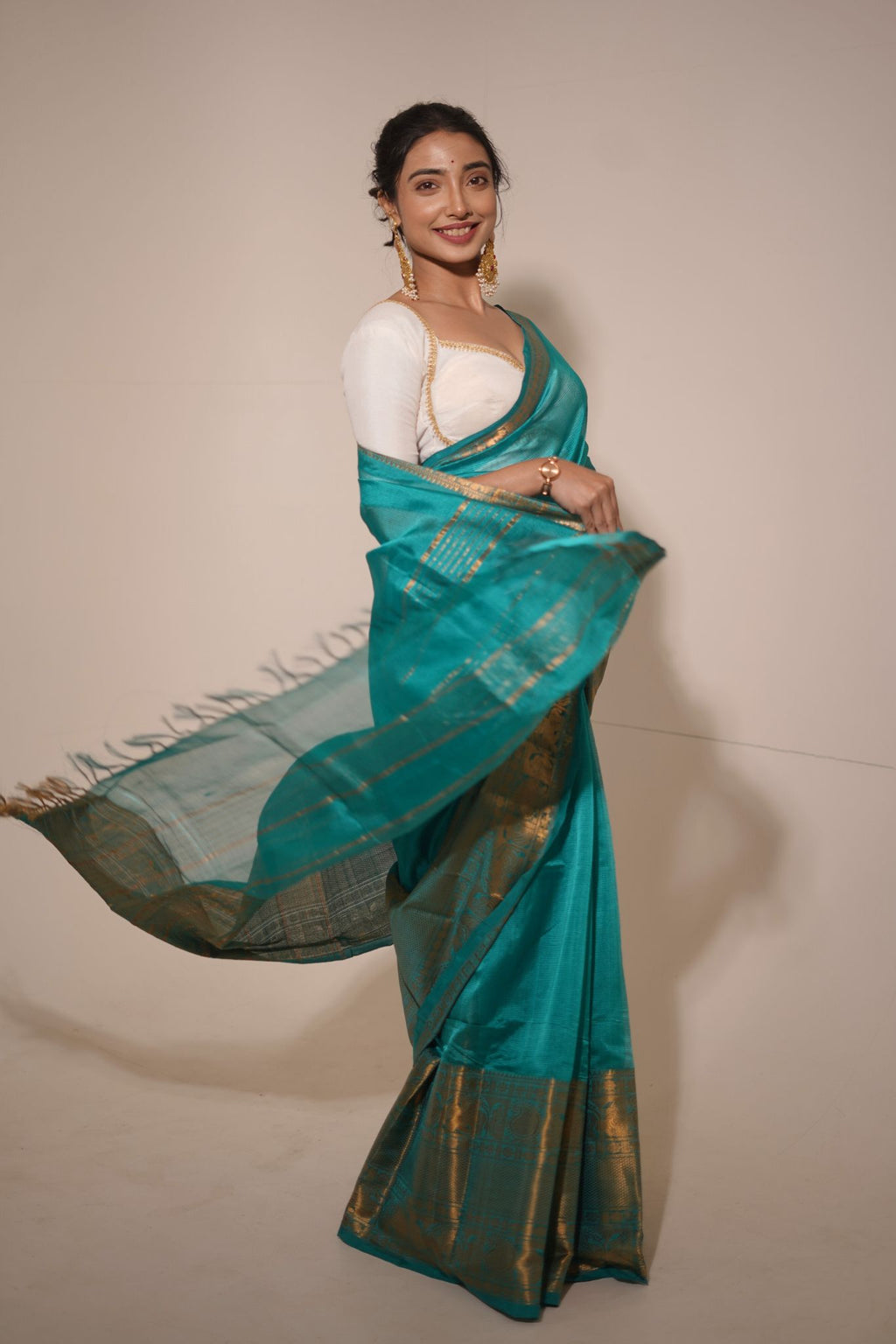 Teal Green Cotton Silk Saree