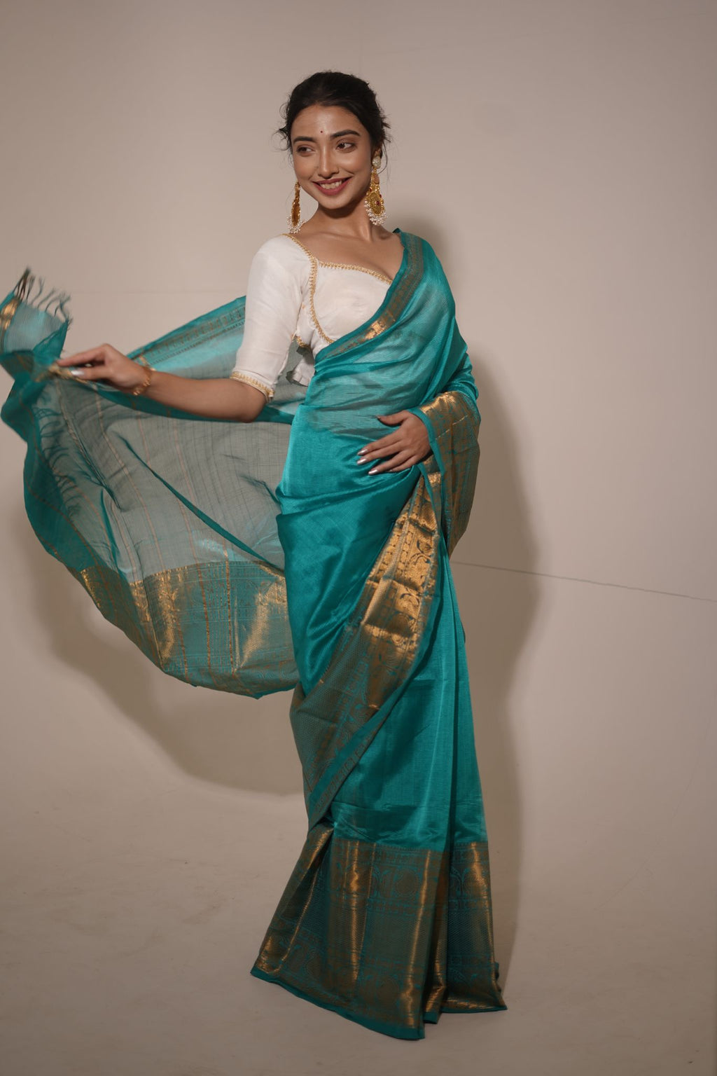Teal Green Cotton Silk Saree