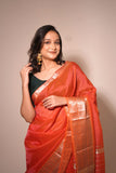 Orange Cotton Silk Handwoven Saree with Zari Border