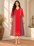 Red Jamdani cotton midi dress with multicoloured Madras check panels, striped accents and three-quarter sleeves.