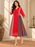 Red Jamdani cotton midi dress with multicoloured Madras check panels, striped accents and three-quarter sleeves.