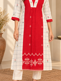White and red Jamdani cotton kurta for women with checked panels, floral motifs and three-quarter sleeves.