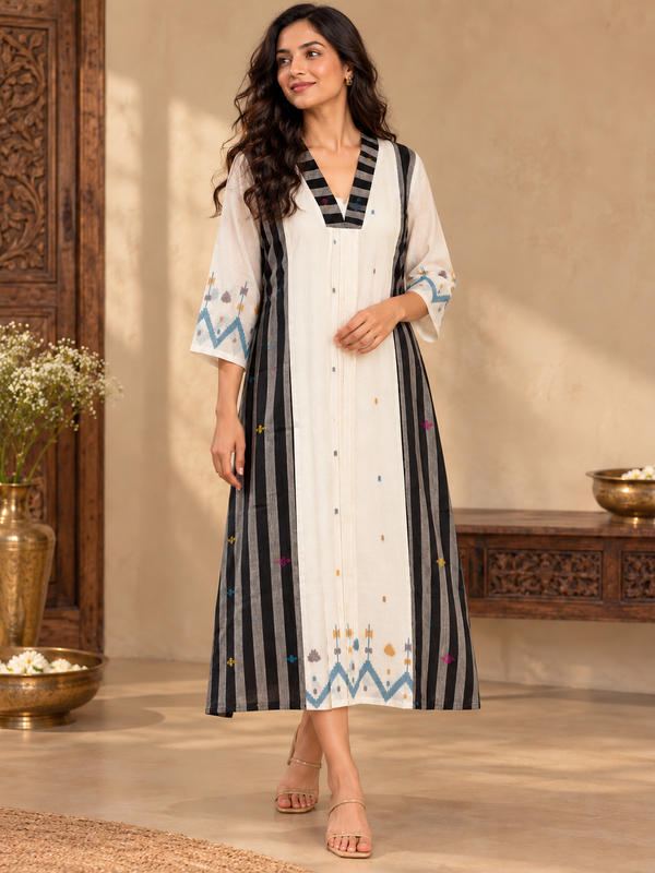 Black & White Jamdani Cotton Dress with Striped Panels