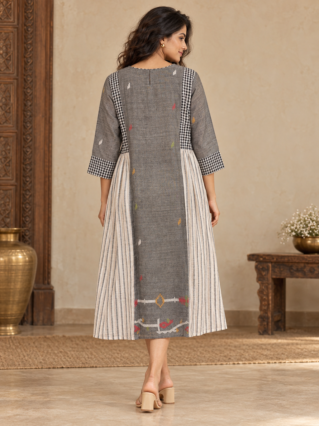 Grey Jamdani cotton midi dress with black and white gingham check panels, cream stripes and colourful traditional-inspired motifs.