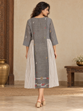 Grey Jamdani cotton midi dress with black and white gingham check panels, cream stripes and colourful traditional-inspired motifs.