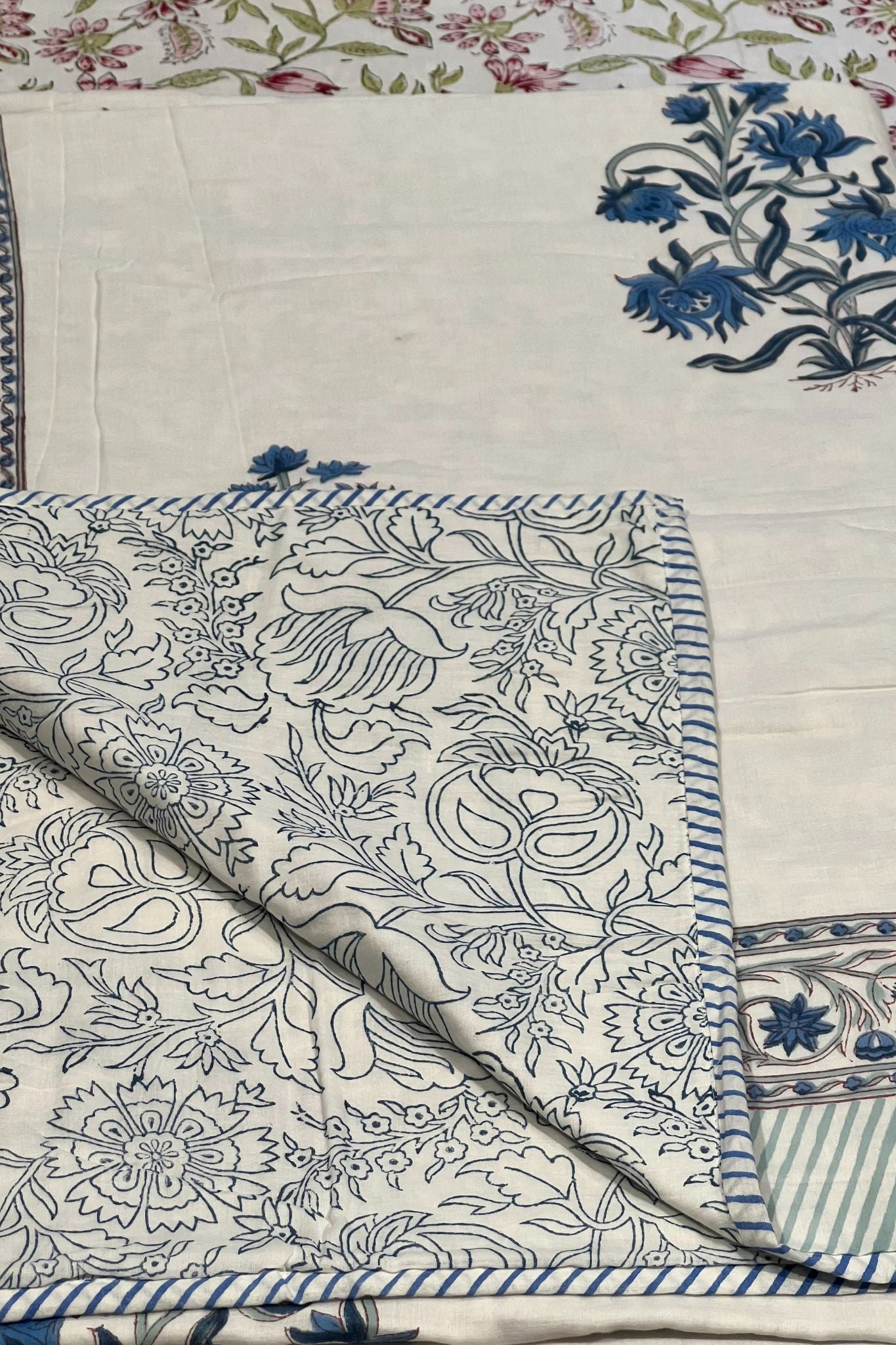 Blue Floral Block Printed Double Bed Dohar