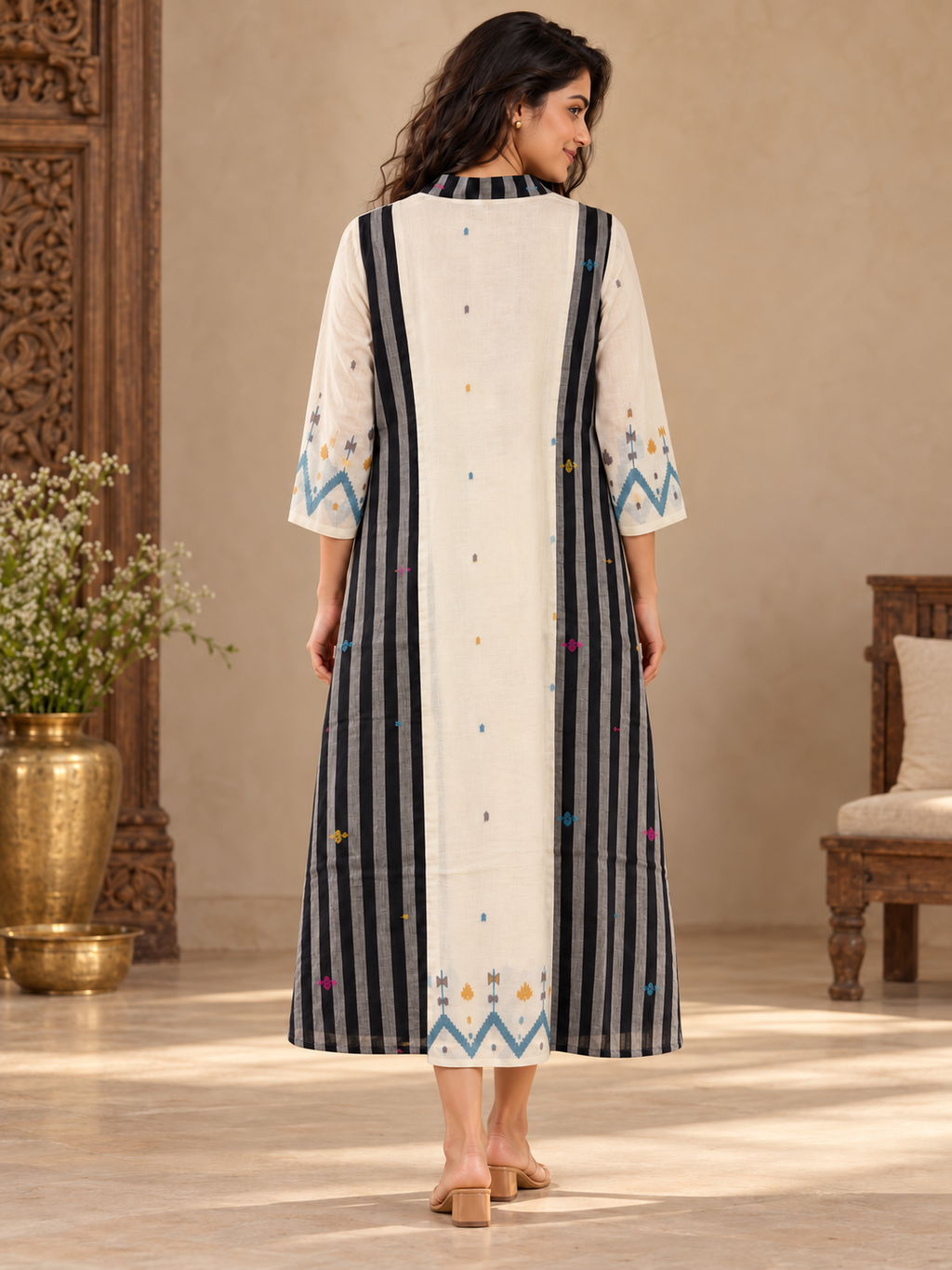 Black and white Jamdani cotton midi dress with vertical striped panels, colourful woven motifs and a V-neckline.