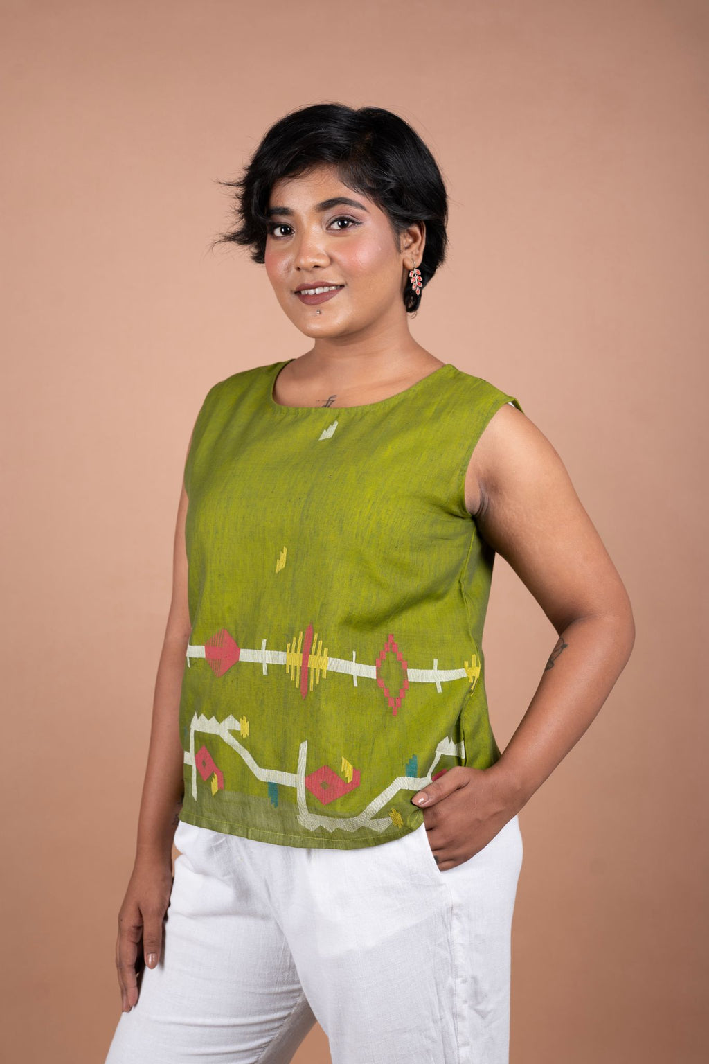 Leafy Cotton Green Jamdani Sleeveless Top | Handwoven Cotton