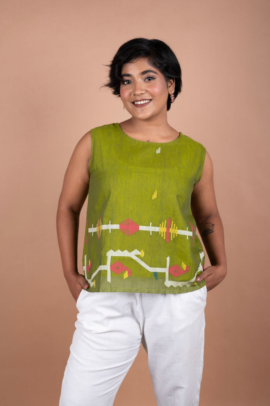 Leafy Cotton Green Jamdani Sleeveless Top | Handwoven Cotton