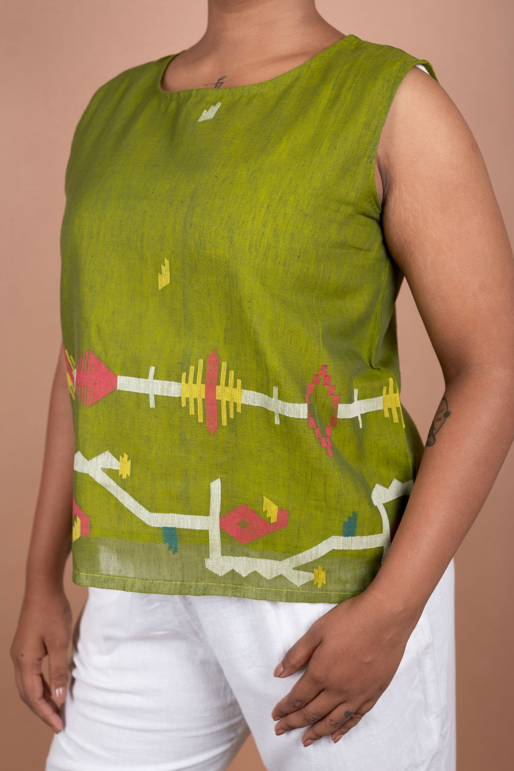 Leafy Cotton Green Jamdani Sleeveless Top | Handwoven Cotton
