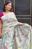 Greyish Green Handwoven Cotton Jamdani Saree