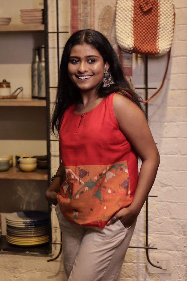 Red Handwoven Cotton Jamdani Top | Lightweight Artisan Wear