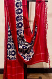 Handwoven Ikkat Telia Cotton Dupatta – Blue Body with Red Border