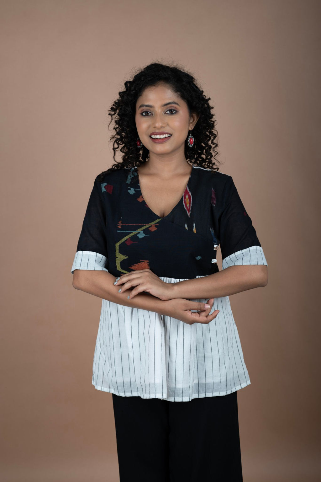 Black Cotton Jamdani & Ikkat Fusion Top – Angrakha Neck