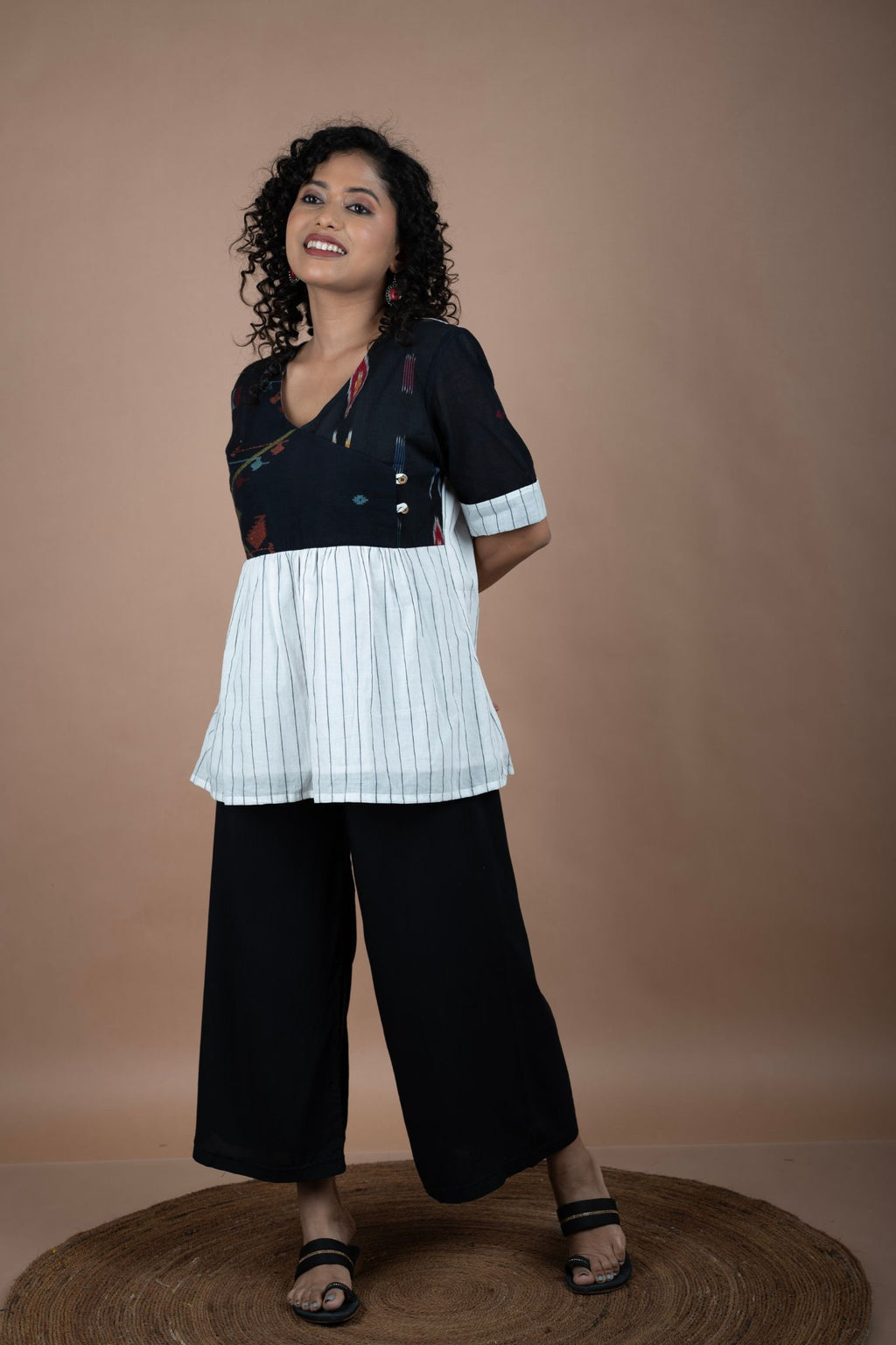 Black Cotton Jamdani & Ikkat Fusion Top – Angrakha Neck