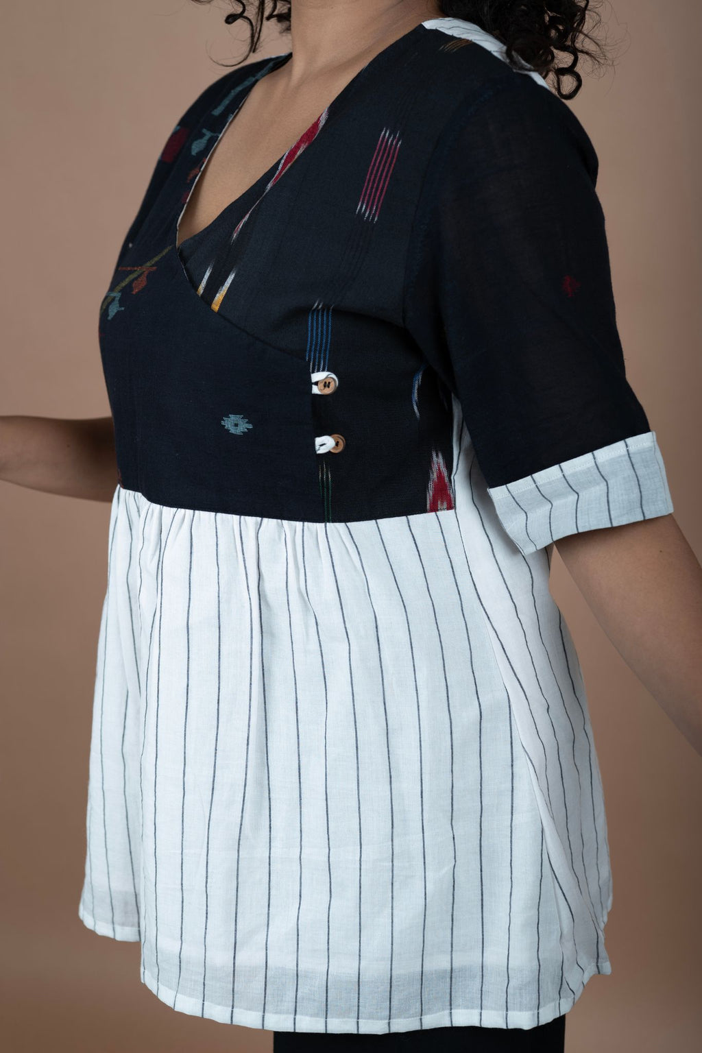 Black Cotton Jamdani & Ikkat Fusion Top – Angrakha Neck