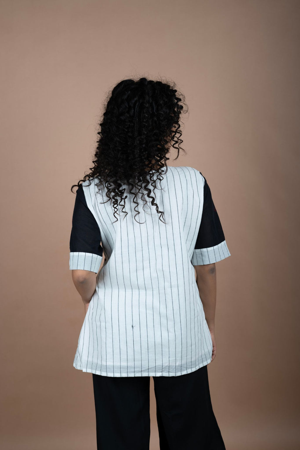 Black Cotton Jamdani & Ikkat Fusion Top – Angrakha Neck