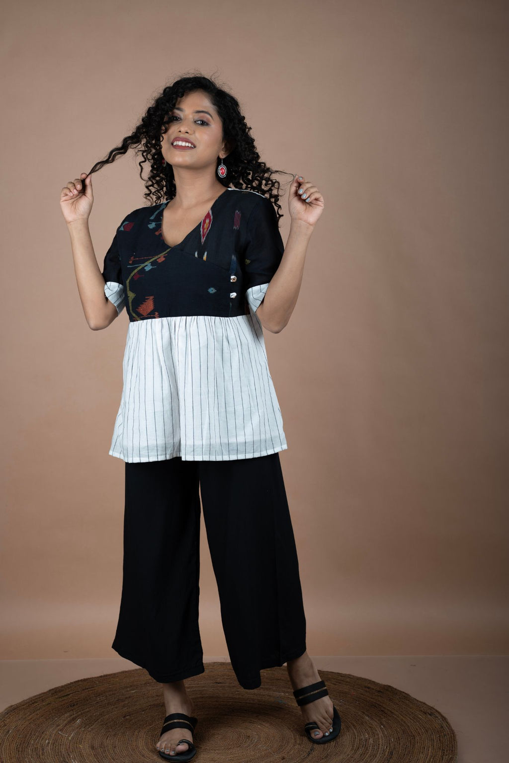 Black Cotton Jamdani & Ikkat Fusion Top – Angrakha Neck