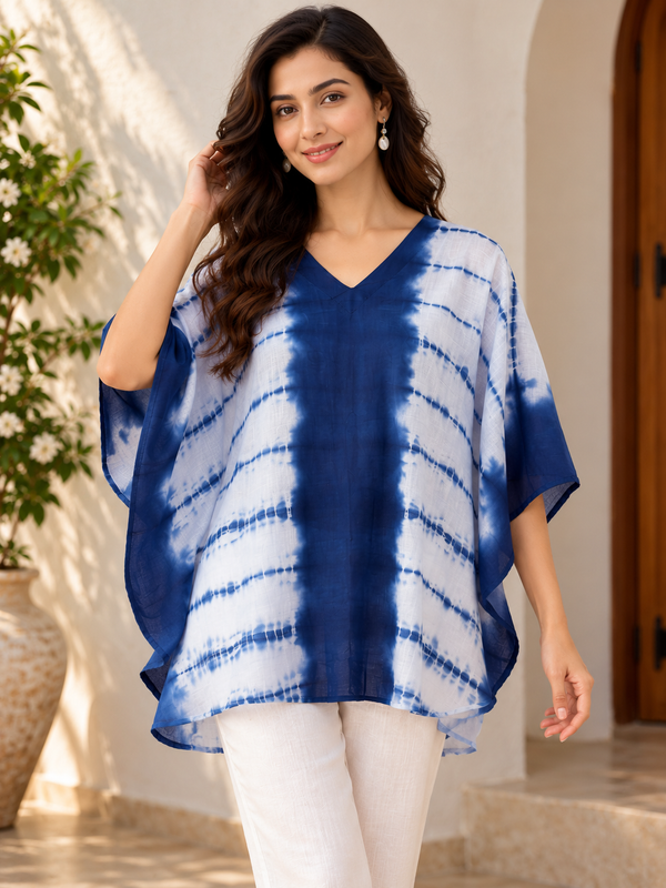 Blue & White Tie-Dye Kaftan Style Top