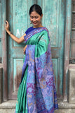 Green Tussar Silk Kantha Saree with Blue Pallu & Border