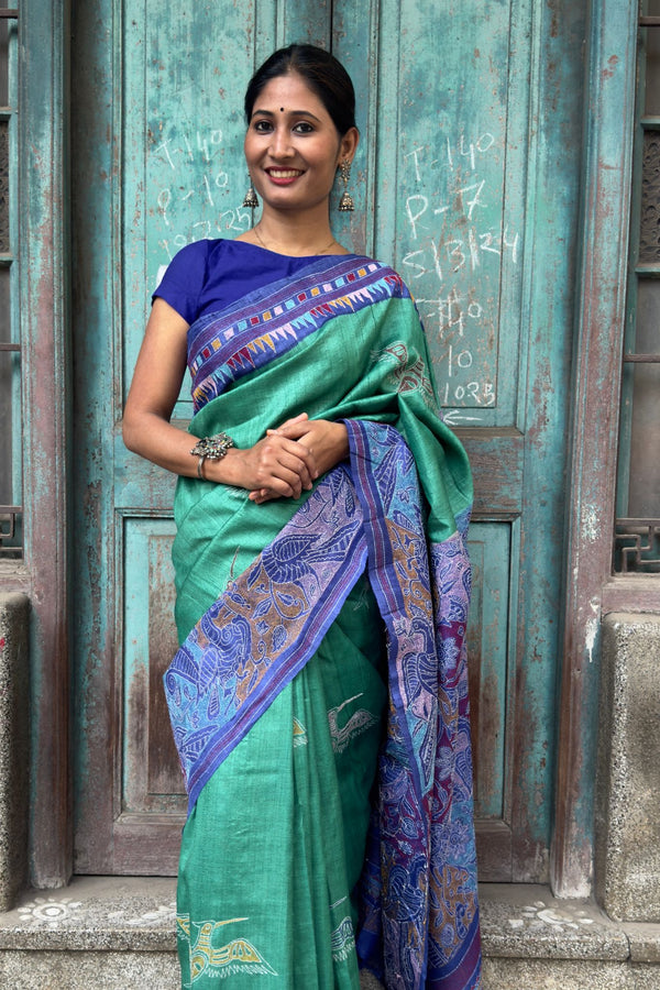 Green Tussar Silk Kantha Saree with Blue Pallu & Border