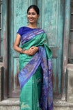 Green Tussar Silk Kantha Saree with Blue Pallu & Border